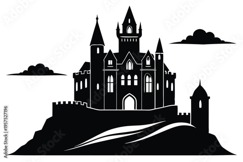 irish castle silhouette line art vector illustration