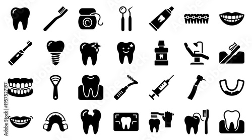 Dental care icons set featuring teeth, toothbrushes, floss, toothpaste, dental tools, and mouthwash for oral hygiene and healthy smile concepts