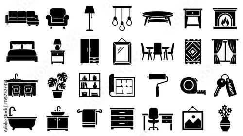 Collection of modern home furniture and interior design elements icons in black and white silhouette style for renovation and decor concepts