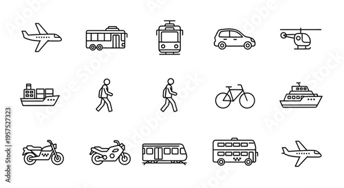 A collection of various transportation and travel related thin line icons set on white background