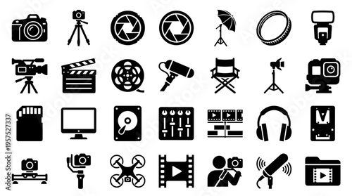 Collection of professional photography and videography equipment icons set for digital media production and content creation