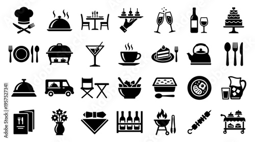 Collection of diverse food and drink icons representing dining catering and hospitality services including restaurants events and celebrations