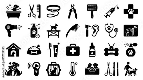 Collection of veterinary and pet care icons representing grooming supplies, medical equipment, and animal services for a healthy pet lifestyle