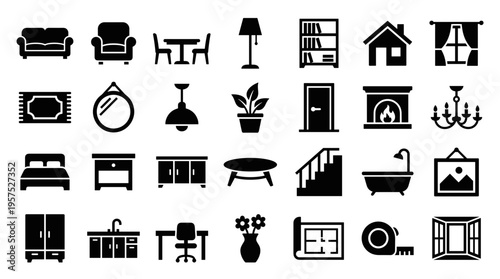 Collection of interior design icons representing furniture home decor and architectural elements for renovation and living space planning