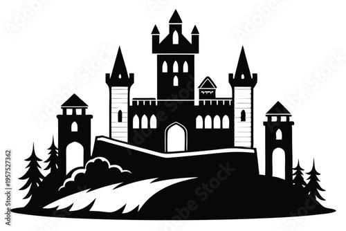 irish castle silhouette line art vector illustration
