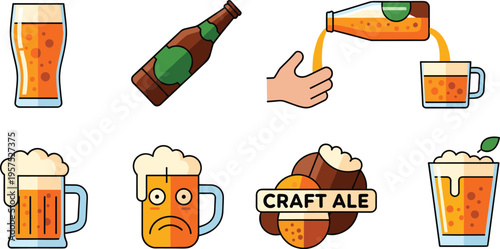 Beer and Craft Ale Vector Icon Set Featuring Bottles, Glasses, Pouring Drink, Foam Mugs and Brewery Elements in Flat Cartoon Style