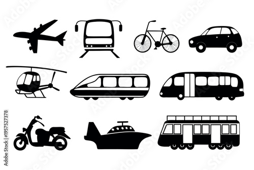 A collection of black silhouette icons representing various modes of transportation for travel use
