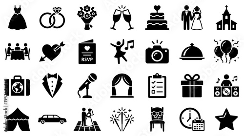 Collection of wedding and celebration icons representing various aspects of a marriage ceremony and reception including attire rings cake and music