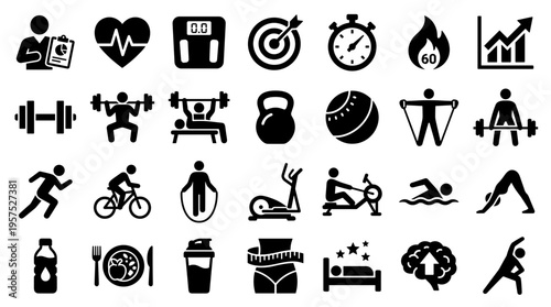 Diverse collection of fitness and health icons representing exercise nutrition wellness and sports activities for a healthy lifestyle concept