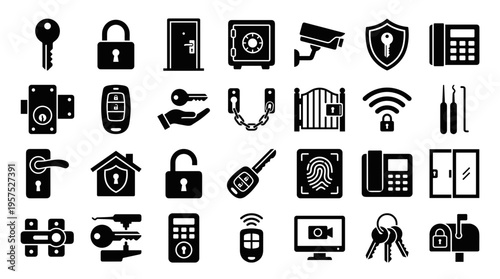 Collection of security and access control icons including keys locks doors safes cameras gates and alarms representing safety and protection concepts