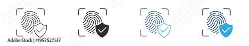 Biometric security icon set. Fingerprint scan, identity verification and data protection concept with shield symbol. Vector illustration.