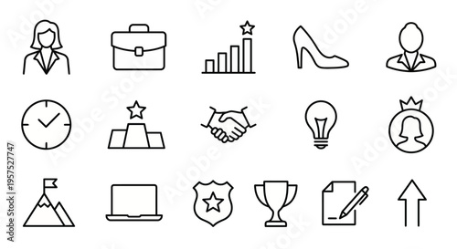 Businesswoman web icons in line style. Power women, career, success, business, collection. Vector illustration. Ultra-minimalist symbols for leadership, professional growth, and female entrepreneurshi