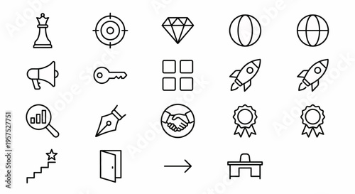 Executive leadership and strategy web icons for business women. Vision, organization, and corporate success collection. Vector illustration in clean line style. Professional black and white icons.