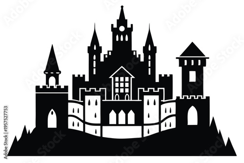 irish castle silhouette line art vector illustration