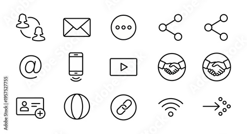 Networking and digital communication web icons in line style. Professional connections, email, and social business network collection. Vector illustration. Ultra-minimalist symbols for businesswoman o