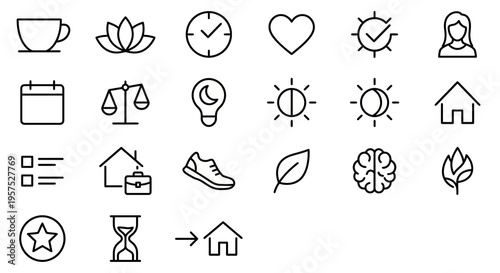 Work-life balance and productivity web icons for business women. Wellness, time management, and health collection. Vector illustration in clean line style. Professional black and white icons for femal