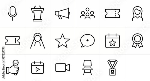 Ultra-minimalist line-style web icons for business events and public speaking. Microphones, podiums, and audience symbols collection. Clean vector illustration for event apps, speaker portfolios, and 