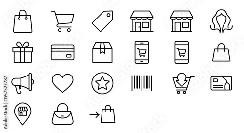 Ultra-minimalist line-style web icons for female entrepreneurship and e-commerce. Shopping bags, carts, and retail symbols collection. Clean vector illustration for shop apps, sales dashboards, and bo