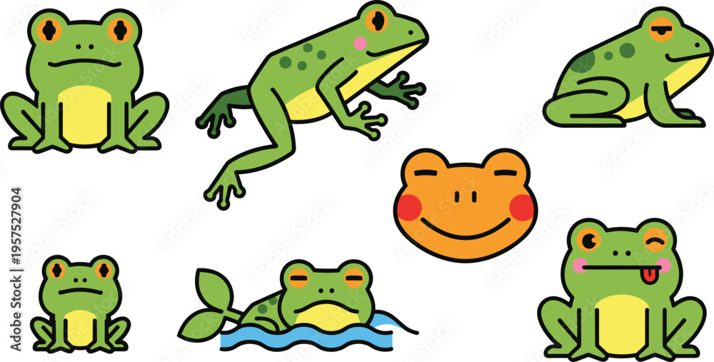 Fototapeta premium Cute Frog Cartoon Vector Set Featuring Different Poses, Expressions and Smiling Face Icon for Kids Design, Nature Themes and Animal Illustrations