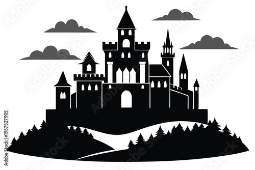 irish castle silhouette line art vector illustration