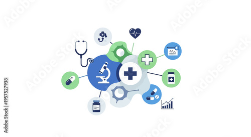 Integrated Healthcare System: Modern Medical Technology, Research & Wellness Network with Diagnostic & Pharmaceutical Icons
