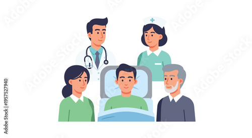 Patient Care and Family Support: Medical Team and Relatives Surround Hospital Bed