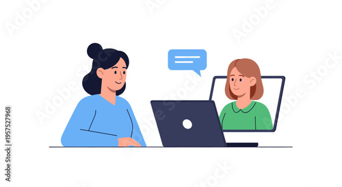 Two Women on Video Call: Remote Work, Online Meeting, Virtual Communication & E-Learning Flat Illustration
