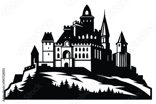 irish castle silhouette line art vector illustration