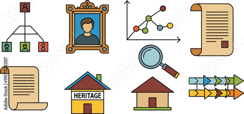 Flat Vector Set of Genealogy, Heritage, Data Analysis and Research Icons Including Family Tree, Chart, Scroll, House and Magnifying Glass