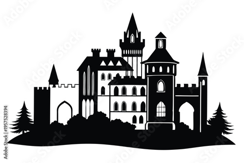 irish castle silhouette line art vector illustration