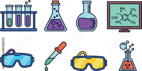 Laboratory Science Vector Icon Set Featuring Test Tubes, Flasks, Chemical Formula Board, Safety Goggles, Dropper and Experiment Equipment