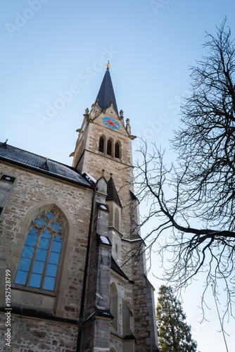 View of the towering spire of St. Florin Cathedral rises against the pale blue sky, framed by stark, bare branches, a contrast of stone and nature, Vaduz, Vaduz, Liechtenstein.