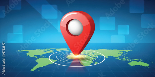 Global Location Pin on World Map with Radar Signal, GPS Tracking System, Geolocation Technology, Navigation Concept, Worldwide Positioning Illustration
