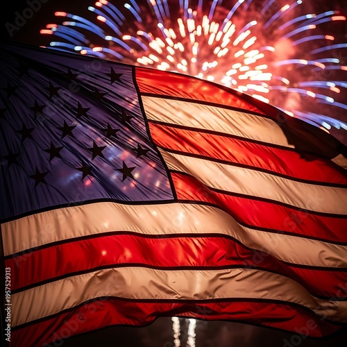 American flag waving with fireworks display