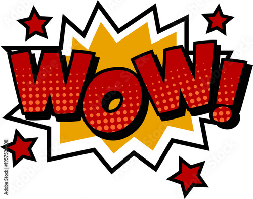 Collection of comic style “WOW!” icon explosion speech bubbles with bright colors, halftone textures. Perfect for comics, posters, ads, and fun graphic designs.