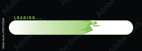 Dark theme loading bar with running figure illustration. Modern horizontal progress indicator for app interface and dashboard UI design. Clean neon green loader showing speed and completion status.