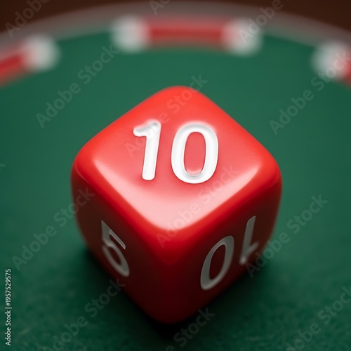 A red dice sitting on a green felt surface