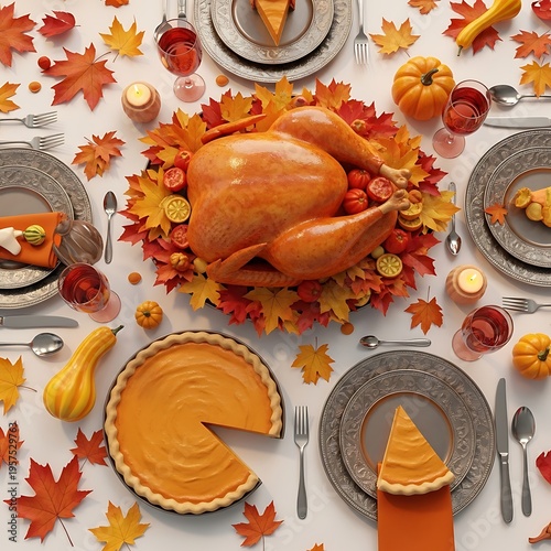 A table set for thanksgiving dinner with a turkey and pie