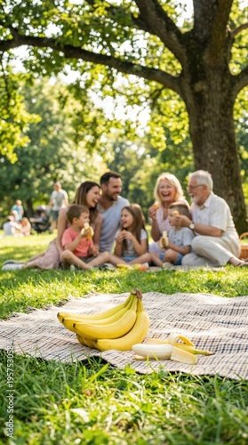 Fresh bananas on a picnic blanket with a blurred happy family eating in the background. Joyful outdoor gathering promotes healthy snacking and togetherness. Ideal for lifestyle blog or ads.