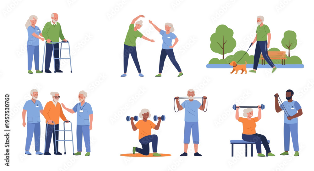 Fototapeta premium Senior Health & Wellness: Elderly Rehabilitation, Fitness, Walking, and Caregiver Assistance Activities