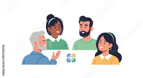 Diverse Group Communication & Collaboration Illustration with Abstract Community Symbol