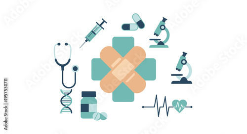 Healthcare and Medical Science Icons: Stethoscope, Syringe, Pills, DNA, Microscope, ECG. Comprehensive Health & Wellness Concept.