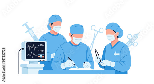 Surgical Team Performing Operation. Medical Professionals in Scrubs and Masks Working in an Operating Room with Equipment.