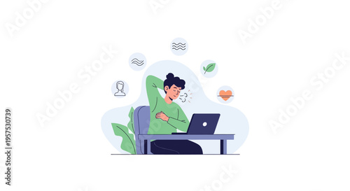 Mindful Woman Relaxing at Desk with Laptop, Deep Breathing for Wellness & Stress Relief