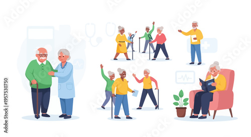 Senior Healthcare & Active Lifestyle Illustration: Diverse Scenes of Elderly People, Caregivers, Community, Wellness, and Support