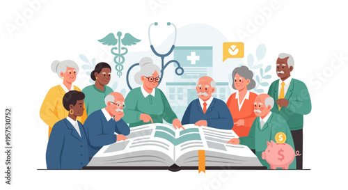Diverse Seniors Group Studying Health Insurance & Retirement Savings: Planning for Elder Care & Financial Future