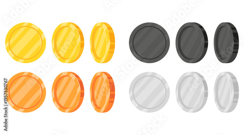 Game coin set with gold, silver, bronze and dark metal textures. Vector animation frames for rotating coins. Glossy money icons for UI design, mobile games and rewards. Isolated on white
