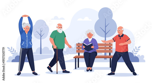 Active Senior Citizens Enjoying Park Activities: Elderly People Exercising, Reading, and Walking Outdoors for Health and Well-being