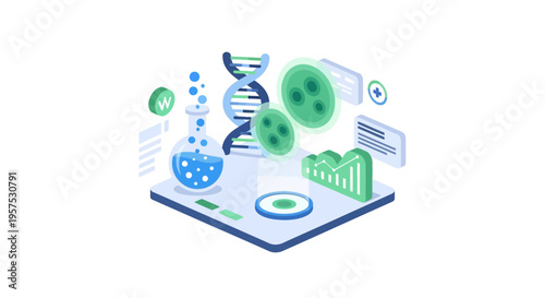 Modern Biotechnology Research Lab Isometric Illustration with DNA, Microbiology, and Data Analysis for Scientific Discovery and Innovation