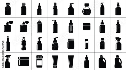 Cosmetic Packaging Bottle Icon Set Featuring Spray Pump Dropper Tube Jar and Container Silhouettes for Skincare Beauty Product Design